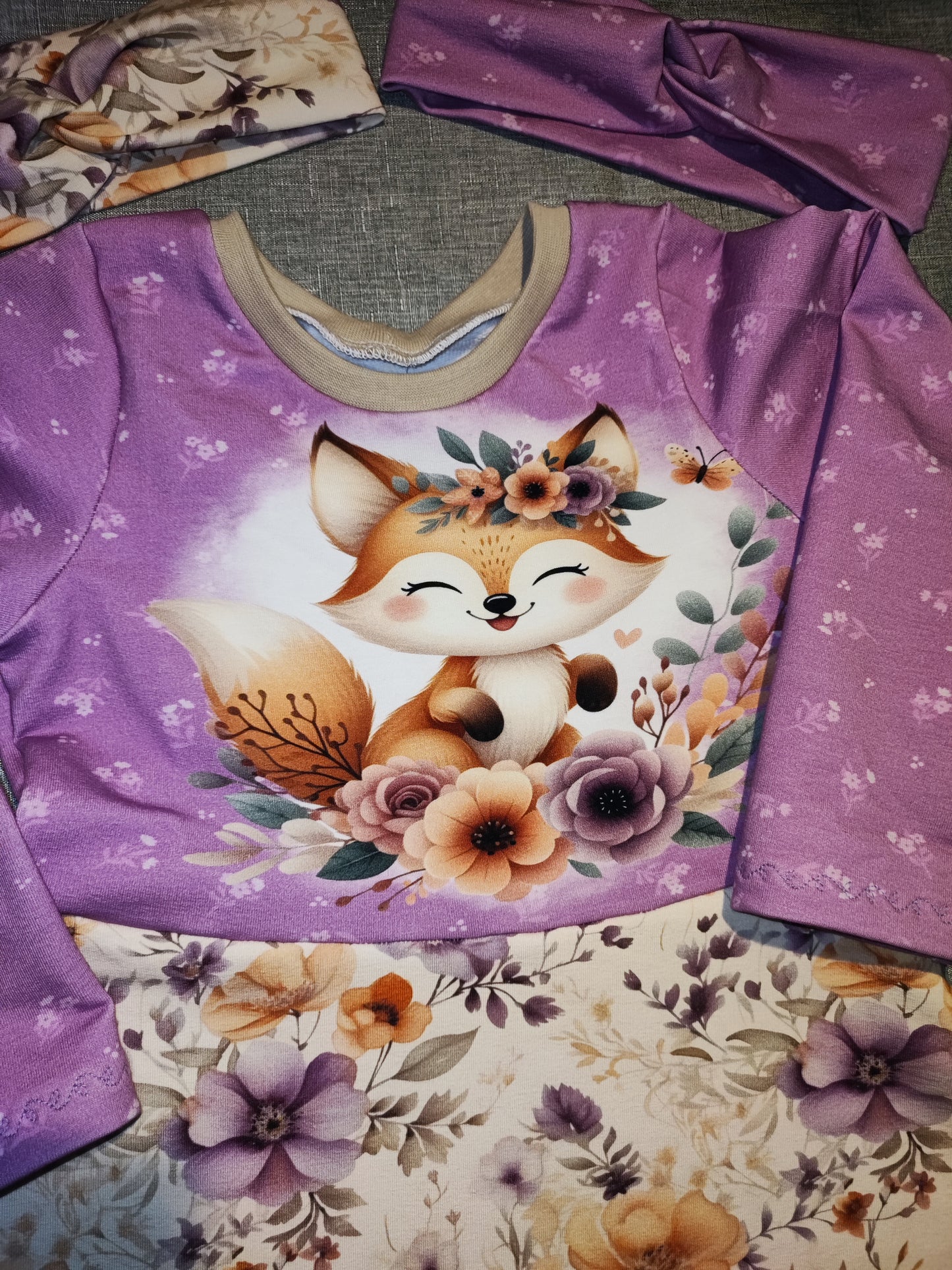 Frühlingskleid mit Fuchsmotiv Gr. 104 mit passendem Stirnband