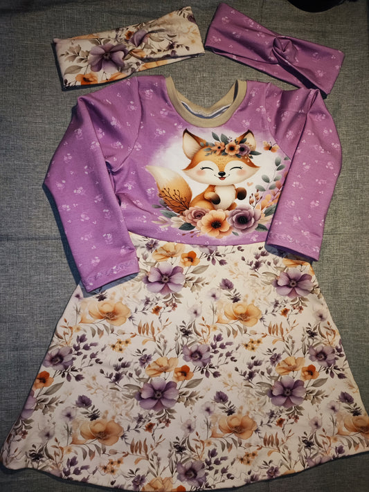 Frühlingskleid mit Fuchsmotiv Gr. 104 mit passendem Stirnband