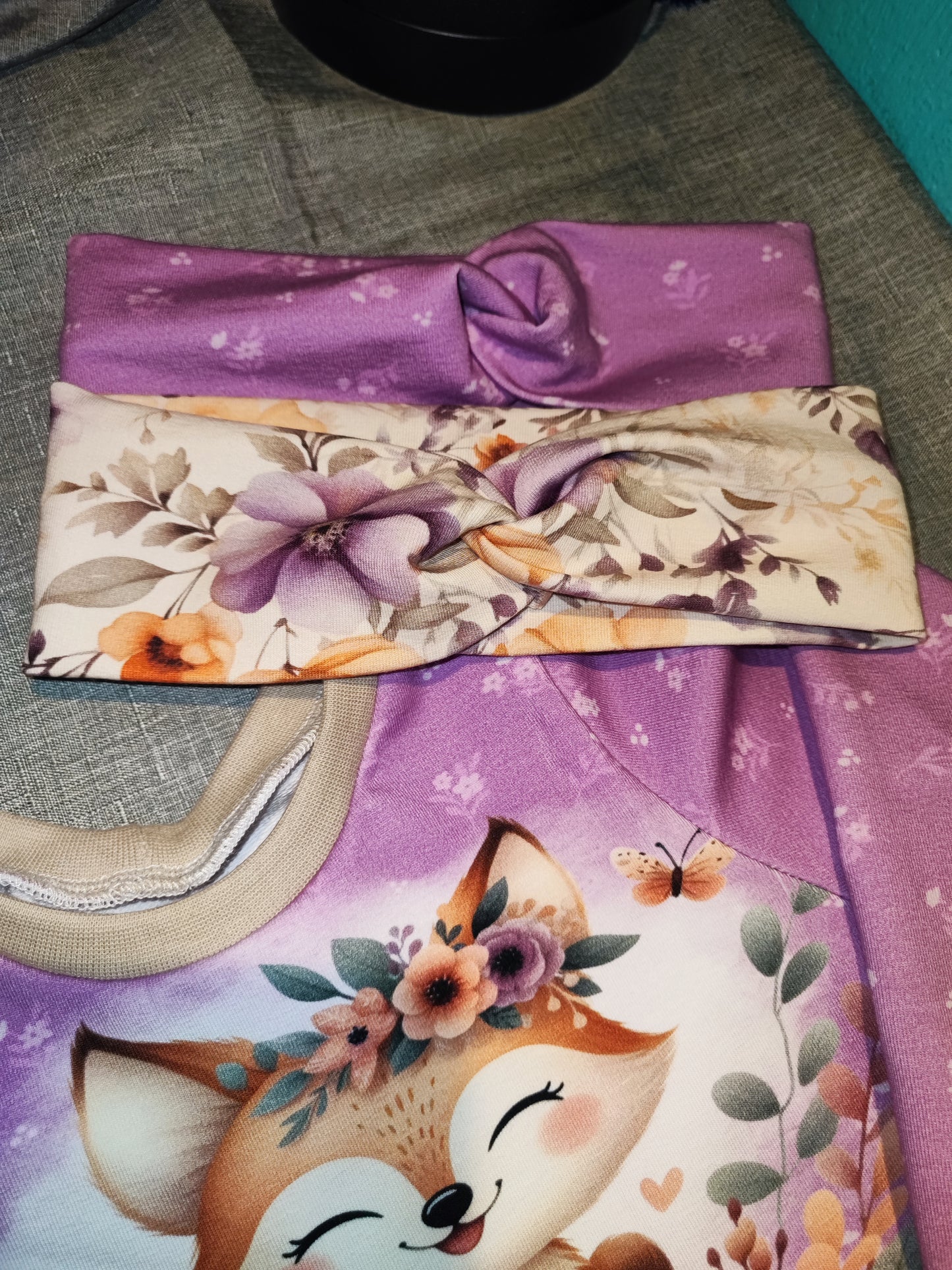 Frühlingskleid mit Fuchsmotiv Gr. 104 mit passendem Stirnband